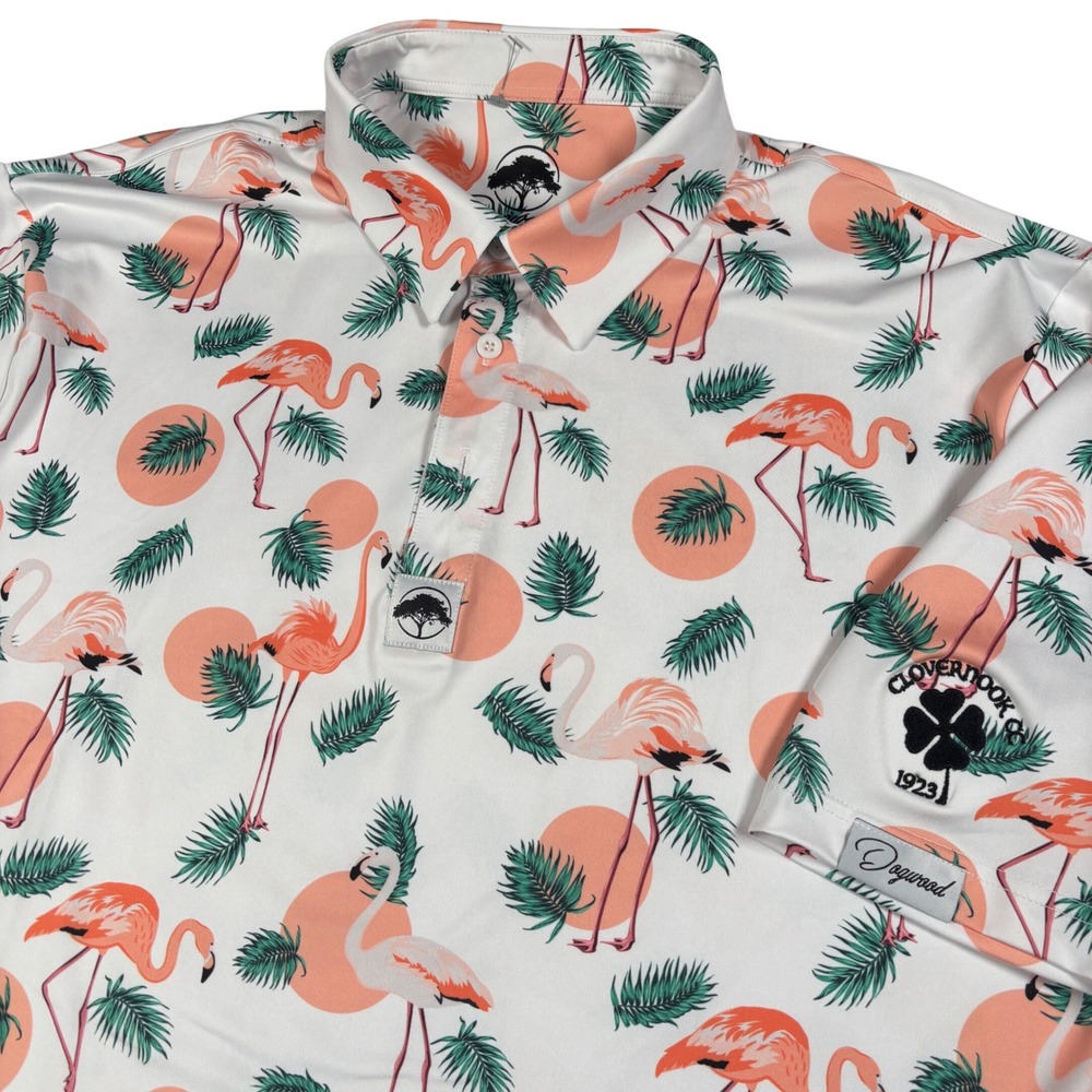 Dogwood Apparel Polo Shirt Mens XXL White Flamingo Tropical Clovernook GC‎ 1923